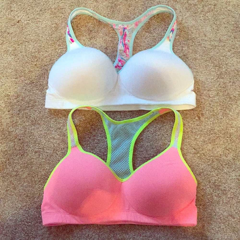 Coral and white Victoria’s Secret Pink sport bras!